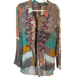 Aratta Silent Journey XL Luna Patchwork Embroidered Beaded Velvet Trim Tunic‎